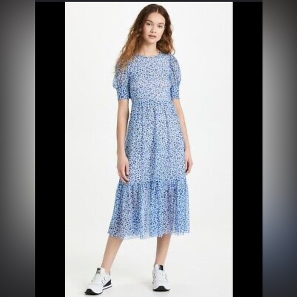 BAUM UND PFERDGARTEN Jocelyn Puff Sleeve Midi Tiered Mesh Dress Blue Leopard - Picture 1 of 9